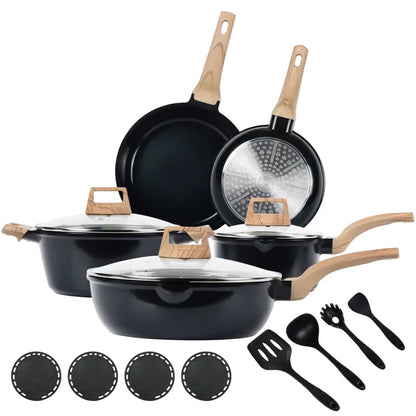 FDN 16-Piece Aesthetic Cookware Collection - Non-Toxic PFAS-Free Titanium Ceramic Granite Pots and Pans Set, Easy-Clean, Oven and Dishwasher Safe, Induction Ready with 10" Fry Pan, Glass Lids, and Kitchen Utensils