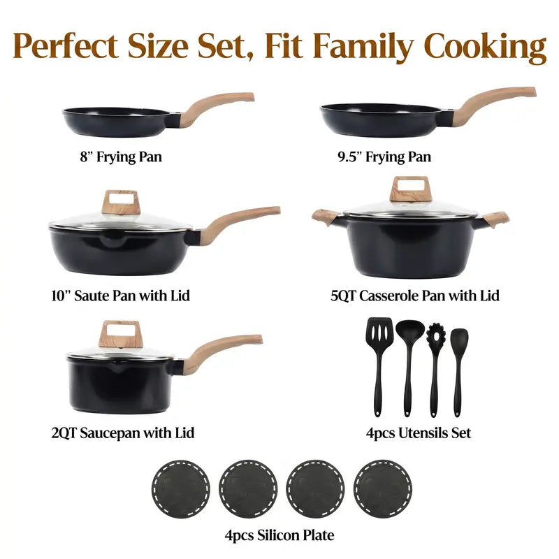 FDN 16-Piece Aesthetic Cookware Collection - Non-Toxic PFAS-Free Titanium Ceramic Granite Pots and Pans Set, Easy-Clean, Oven and Dishwasher Safe, Induction Ready with 10" Fry Pan, Glass Lids, and Kitchen Utensils