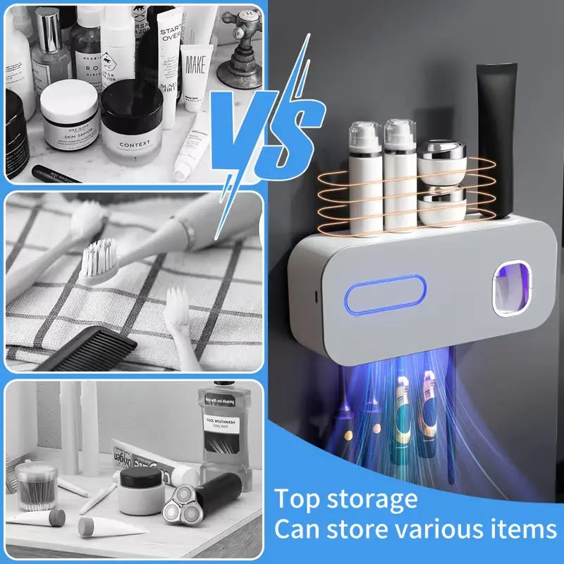Premium Wall-Mounted Toothbrush Holder with Automatic Toothpaste Dispenser and 5-Slot Storage Rack, Durable Plastic Toothbrush Sanitizer, Multifunctional Bathroom Organizer for Daily Use