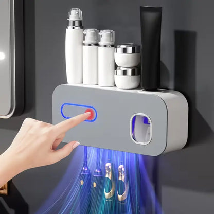 Premium Wall-Mounted Toothbrush Holder with Automatic Toothpaste Dispenser and 5-Slot Storage Rack, Durable Plastic Toothbrush Sanitizer, Multifunctional Bathroom Organizer for Daily Use