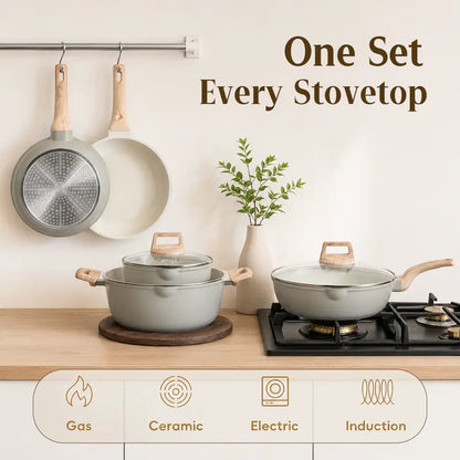 FDN 16-Piece Aesthetic Cookware Collection - Non-Toxic PFAS-Free Titanium Ceramic Granite Pots and Pans Set, Easy-Clean, Oven and Dishwasher Safe, Induction Ready with 10" Fry Pan, Glass Lids, and Kitchen Utensils