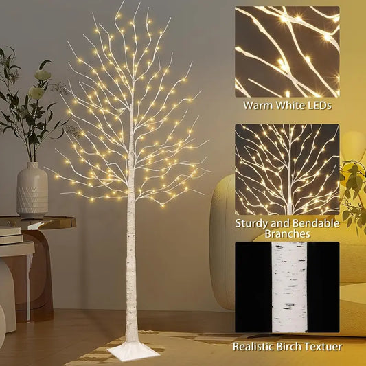 HOODINK 6FT Illuminated Birch Tree with 120 Warm White LEDs, 8 Twinkling Modes, Dimmable Decor for Christmas and Events, Suitable for Indoor and Outdoor Use