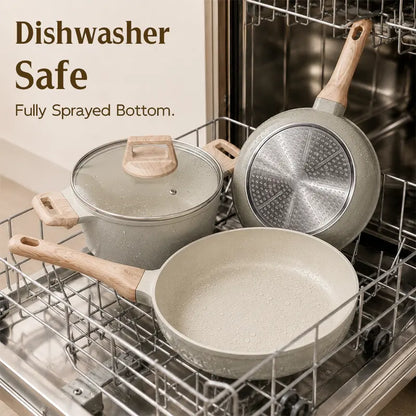 FDN 16-Piece Aesthetic Cookware Collection - Non-Toxic PFAS-Free Titanium Ceramic Granite Pots and Pans Set, Easy-Clean, Oven and Dishwasher Safe, Induction Ready with 10" Fry Pan, Glass Lids, and Kitchen Utensils