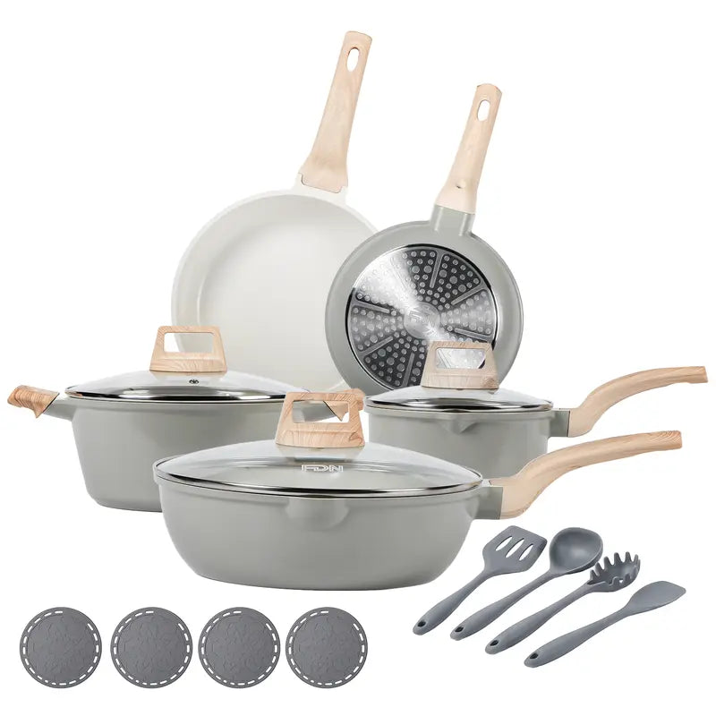 FDN 16-Piece Aesthetic Cookware Collection - Non-Toxic PFAS-Free Titanium Ceramic Granite Pots and Pans Set, Easy-Clean, Oven and Dishwasher Safe, Induction Ready with 10" Fry Pan, Glass Lids, and Kitchen Utensils