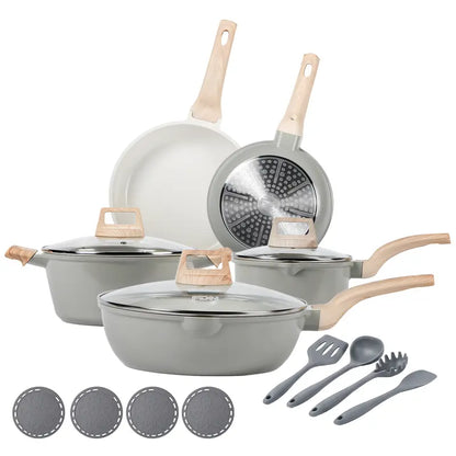 FDN 16-Piece Aesthetic Cookware Collection - Non-Toxic PFAS-Free Titanium Ceramic Granite Pots and Pans Set, Easy-Clean, Oven and Dishwasher Safe, Induction Ready with 10" Fry Pan, Glass Lids, and Kitchen Utensils