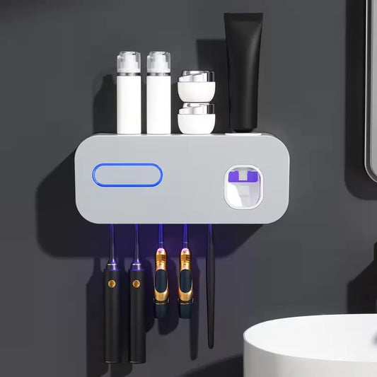 Premium Wall-Mounted Toothbrush Holder with Automatic Toothpaste Dispenser and 5-Slot Storage Rack, Durable Plastic Toothbrush Sanitizer, Multifunctional Bathroom Organizer for Daily Use