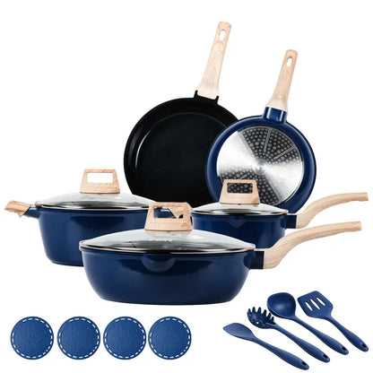 FDN 16-Piece Aesthetic Cookware Collection - Non-Toxic PFAS-Free Titanium Ceramic Granite Pots and Pans Set, Easy-Clean, Oven and Dishwasher Safe, Induction Ready with 10" Fry Pan, Glass Lids, and Kitchen Utensils