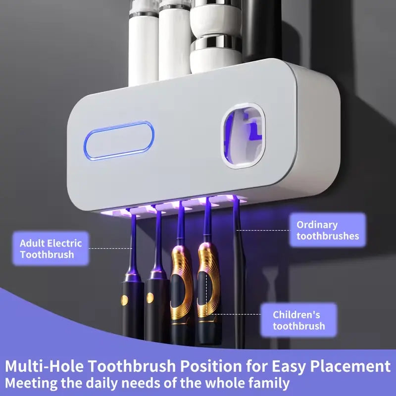 Premium Wall-Mounted Toothbrush Holder with Automatic Toothpaste Dispenser and 5-Slot Storage Rack, Durable Plastic Toothbrush Sanitizer, Multifunctional Bathroom Organizer for Daily Use