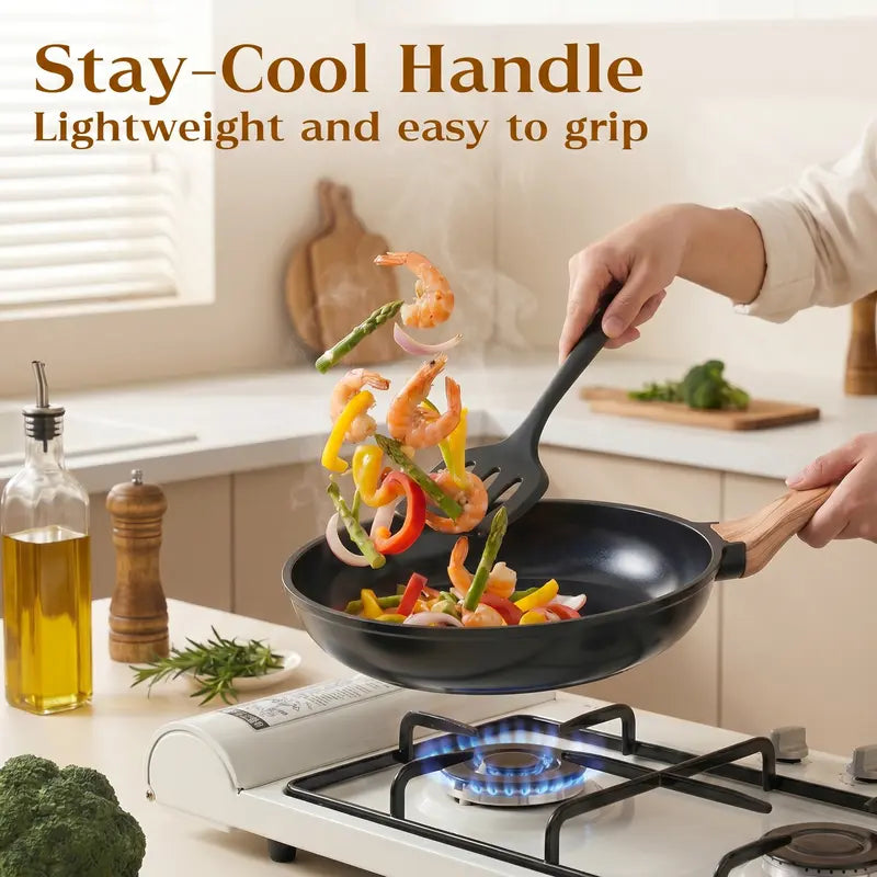 FDN 16-Piece Aesthetic Cookware Collection - Non-Toxic PFAS-Free Titanium Ceramic Granite Pots and Pans Set, Easy-Clean, Oven and Dishwasher Safe, Induction Ready with 10" Fry Pan, Glass Lids, and Kitchen Utensils