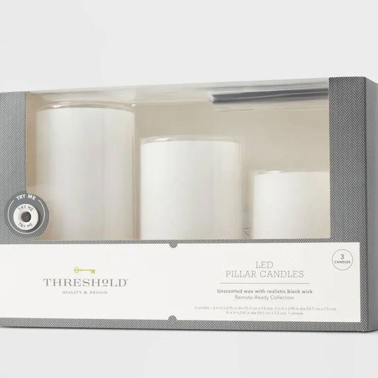 Set of Three LED Flameless Black Wick Candles in White - 3" x 4", 3" x 5", and 3" x 6" - Threshold
