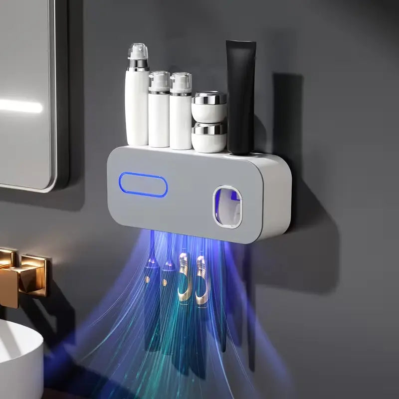 Premium Wall-Mounted Toothbrush Holder with Automatic Toothpaste Dispenser and 5-Slot Storage Rack, Durable Plastic Toothbrush Sanitizer, Multifunctional Bathroom Organizer for Daily Use