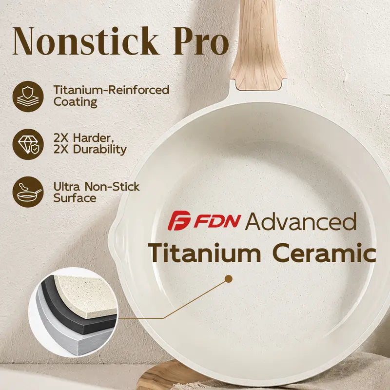 FDN 16-Piece Aesthetic Cookware Collection - Non-Toxic PFAS-Free Titanium Ceramic Granite Pots and Pans Set, Easy-Clean, Oven and Dishwasher Safe, Induction Ready with 10" Fry Pan, Glass Lids, and Kitchen Utensils