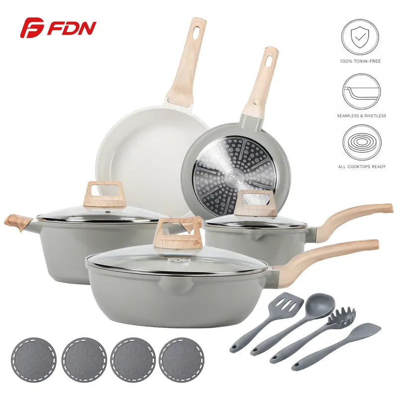 FDN 16-Piece Aesthetic Cookware Collection - Non-Toxic PFAS-Free Titanium Ceramic Granite Pots and Pans Set, Easy-Clean, Oven and Dishwasher Safe, Induction Ready with 10" Fry Pan, Glass Lids, and Kitchen Utensils
