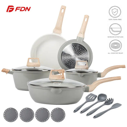 FDN 16-Piece Aesthetic Cookware Collection - Non-Toxic PFAS-Free Titanium Ceramic Granite Pots and Pans Set, Easy-Clean, Oven and Dishwasher Safe, Induction Ready with 10" Fry Pan, Glass Lids, and Kitchen Utensils