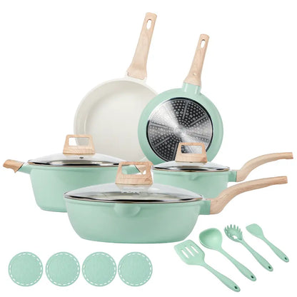 FDN 16-Piece Aesthetic Cookware Collection - Non-Toxic PFAS-Free Titanium Ceramic Granite Pots and Pans Set, Easy-Clean, Oven and Dishwasher Safe, Induction Ready with 10" Fry Pan, Glass Lids, and Kitchen Utensils