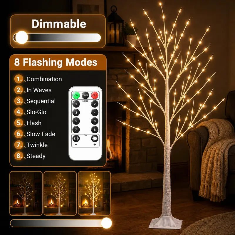HOODINK 6FT Illuminated Birch Tree with 120 Warm White LEDs, 8 Twinkling Modes, Dimmable Decor for Christmas and Events, Suitable for Indoor and Outdoor Use